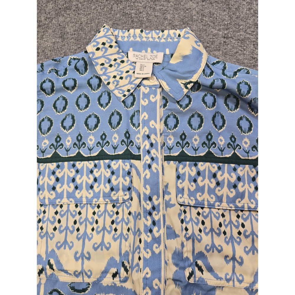 Rachel Zoe Shirt Womens Small Blue White Ikat Pattern Button Up Pocket Boho Top